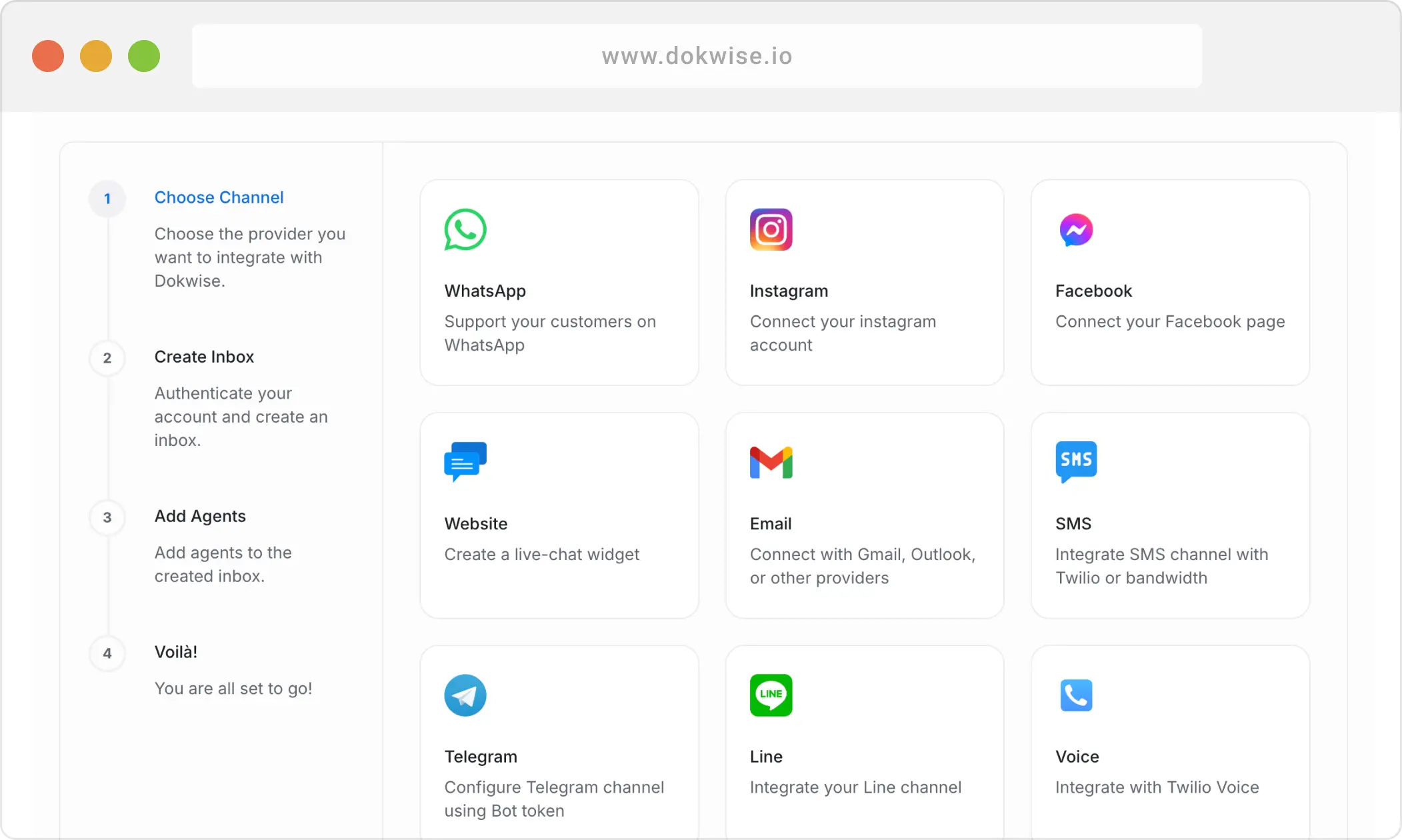 Unified inbox showing WhatsApp, Instagram, SMS, email and web chat messages