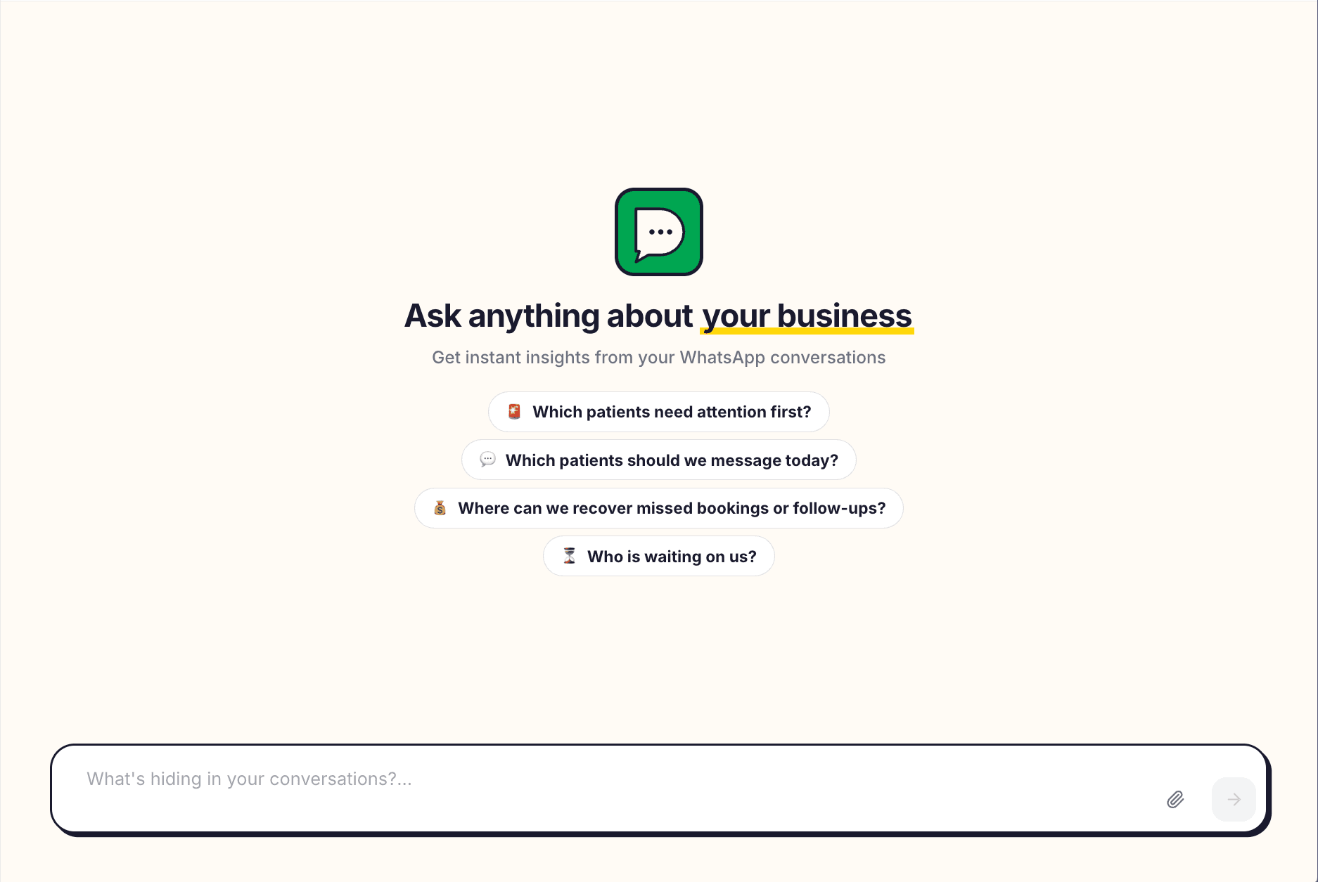 The Dokwise Ask screen, with suggested questions like which patients need attention first and where bookings were missed